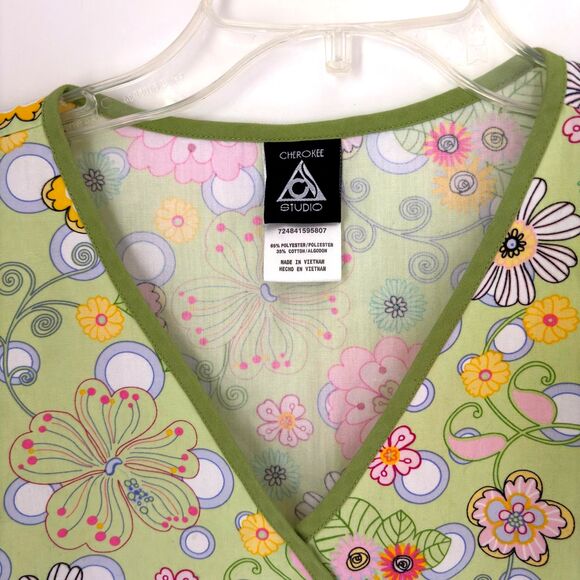 Cherokee Studio Mint Green Floral V Neck Short Sleeve 2 Pocket Nurse Scrub Sz. L - Picture 3 of 6